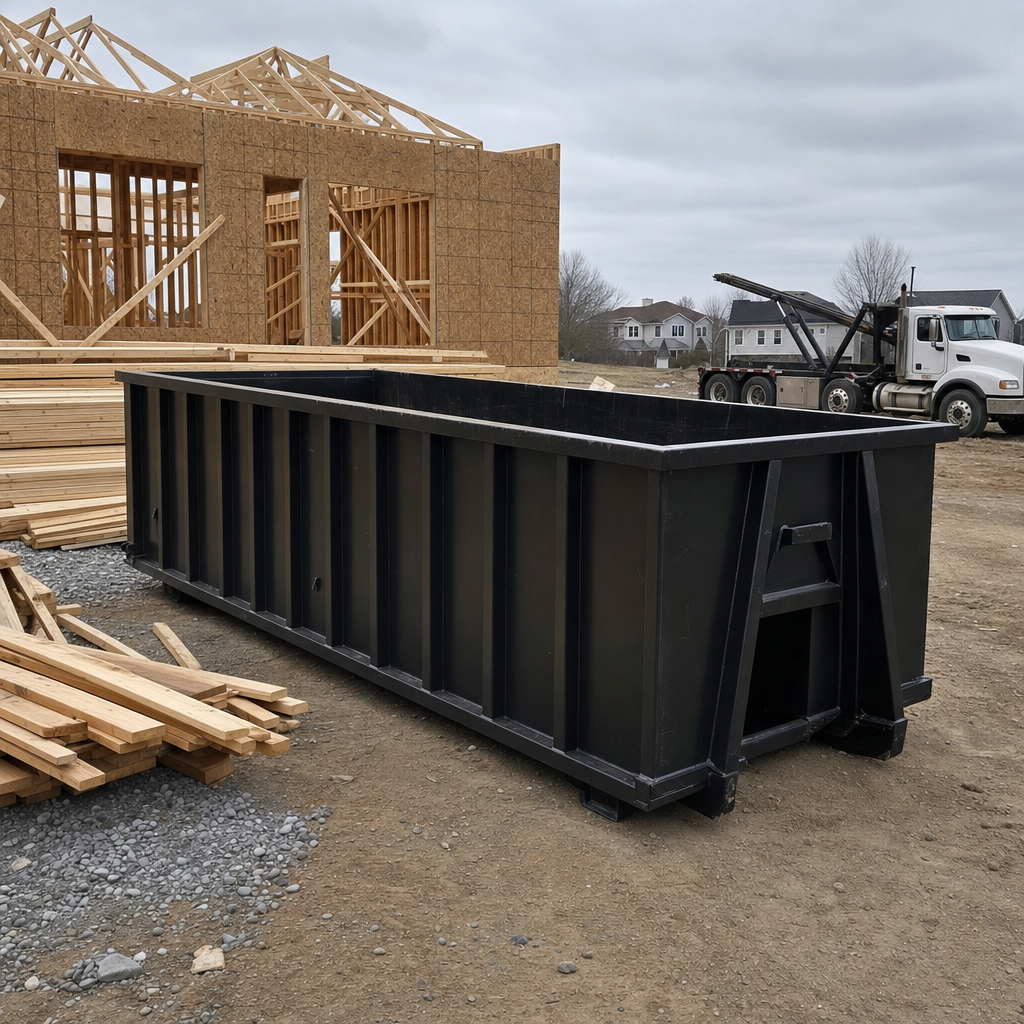 Matte-black 40-yard roll-off dumpster staged on a framed-out residential construction site in Fishers, framing lumber stacked nearby, hooklift delivery truck visible in the background under bright Colorado daylight