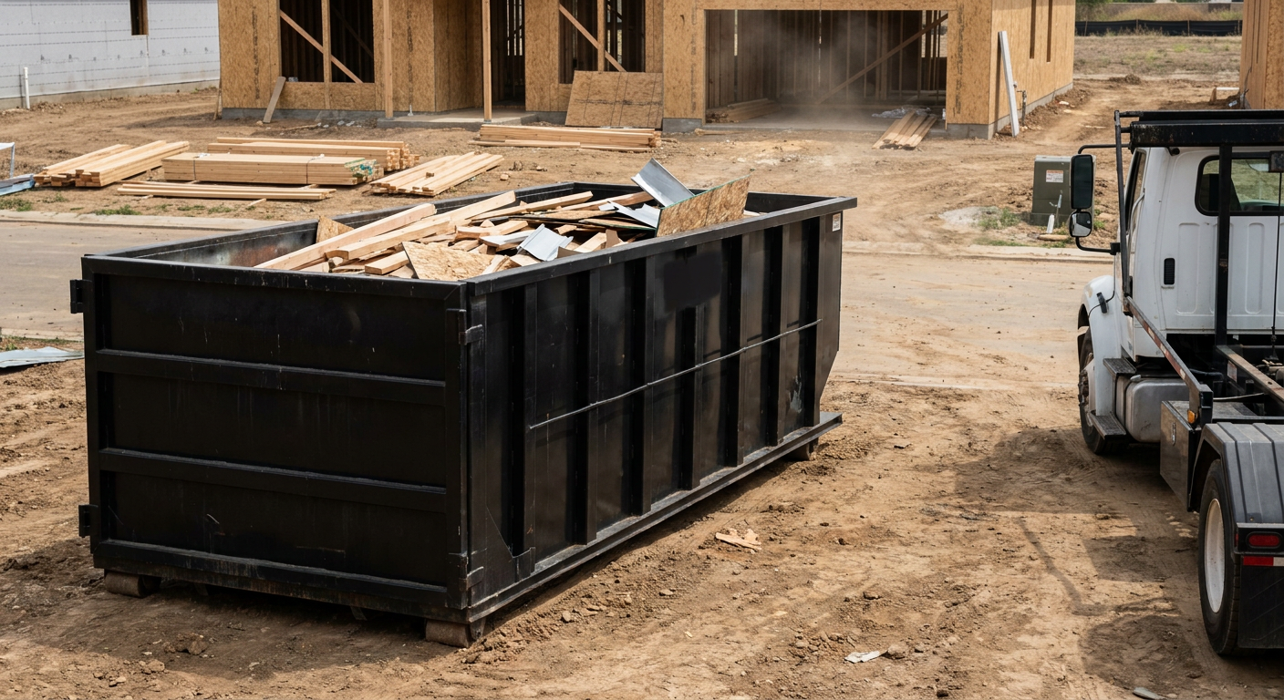 Matte-black 20-yard roll-off construction dumpster with heavy ribbed steel sidewalls and swing rear doors at a working jobsite in Fishers, sitting directly on compacted dirt with an unmarked white hauler partially visible at the far edge of the frame.