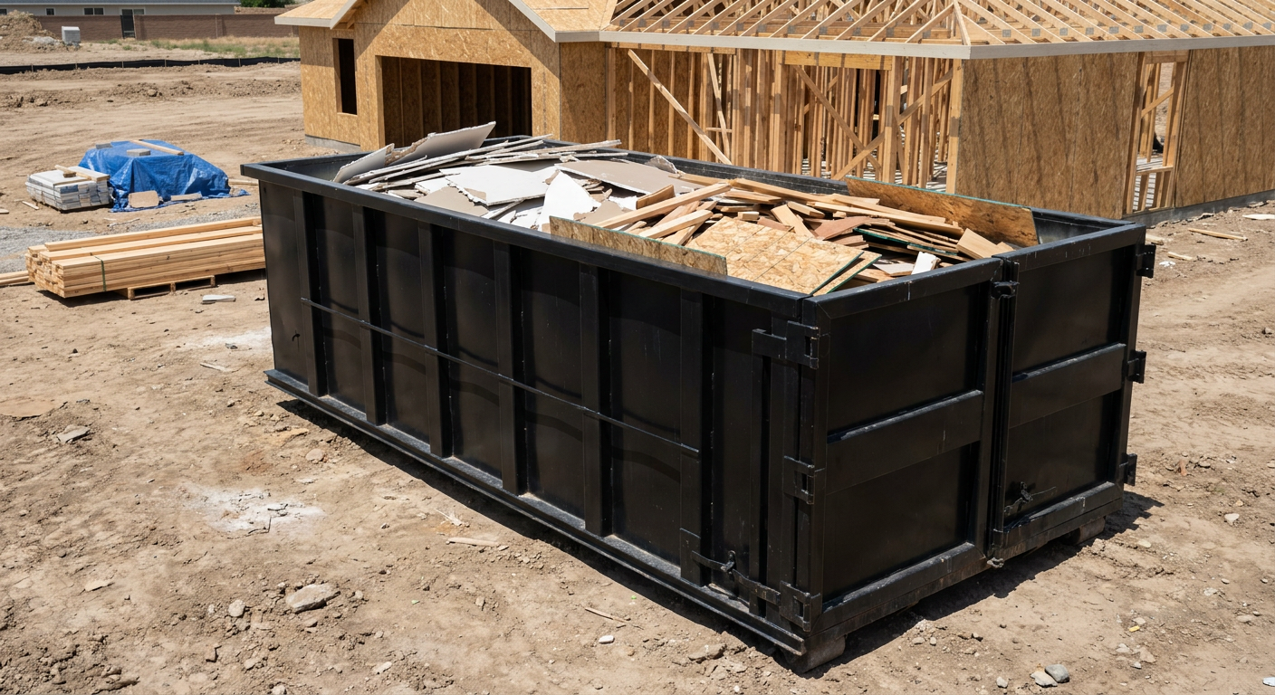 Matte-black 30-yard roll-off construction dumpster sitting directly on the compacted-dirt site of a framed single-family home build in Fishers, drywall and lumber scrap loaded inside.