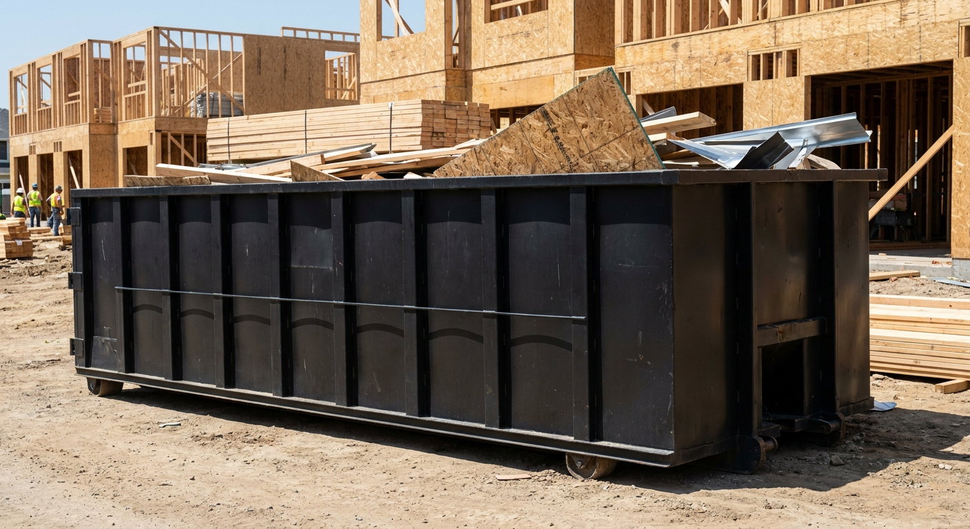 Matte-black 40-yard roll-off construction dumpster being lowered from a white-cab hooklift delivery truck onto the compacted-dirt jobsite at a commercial build site in Fishers