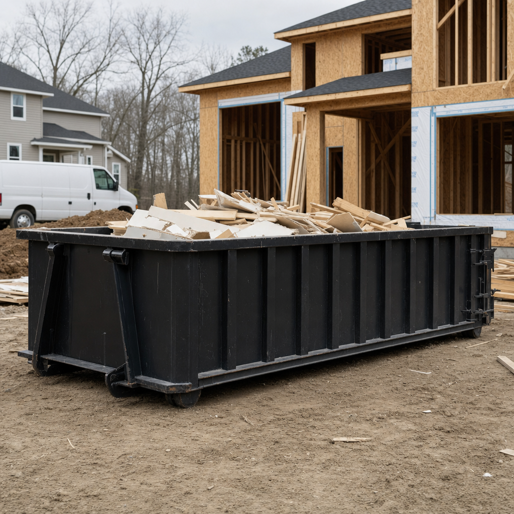 Worker in a yellow high-visibility vest tossing framing lumber and broken drywall into a matte-black 30-yard construction roll-off dumpster on an active build site in Fishers, bright daylight
