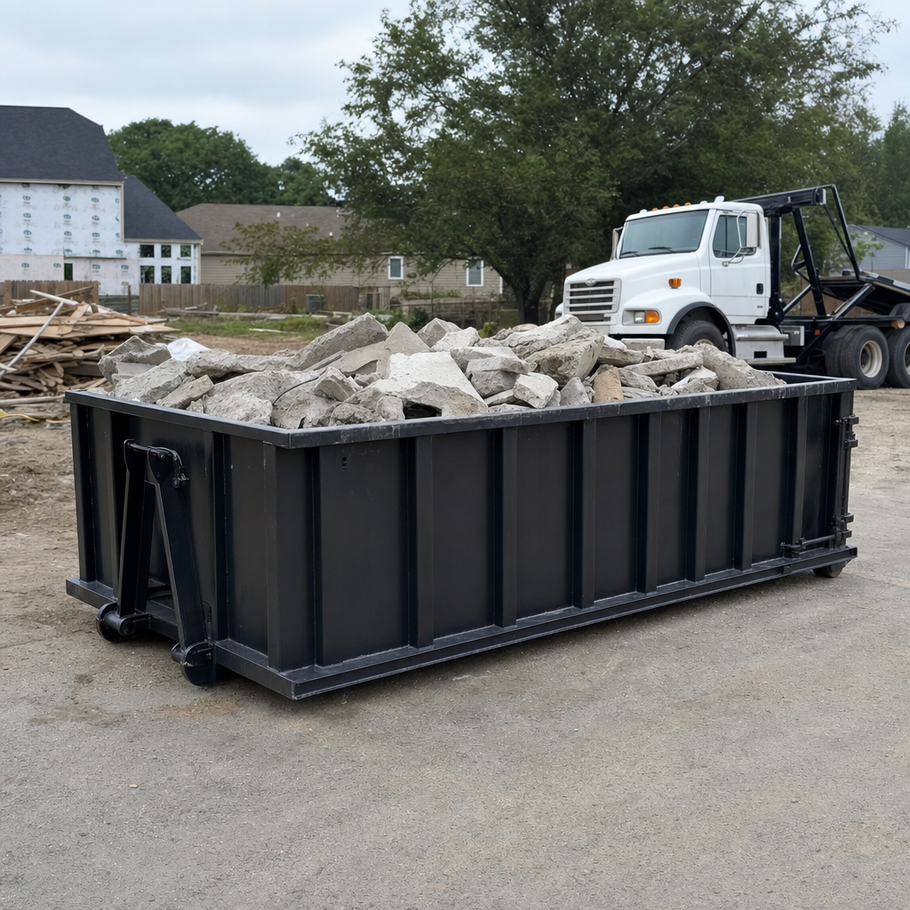 Low-profile matte-black lowboy roll-off dumpster loaded with broken concrete slab and rebar at a foundation tear-out in Fishers, skid steer parked beside it, sunny Colorado morning
