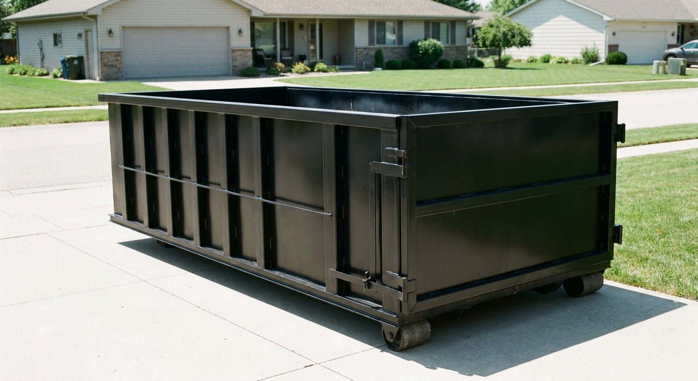 Matte-black 10-yard roll-off dumpster on a residential concrete driveway in Fishers, uniformly painted matte black across every panel and rail, ribbed steel sidewalls and rear swing door visible, mid-day daylight.