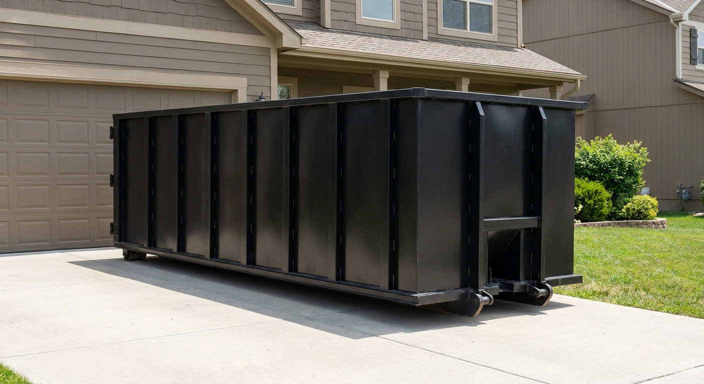Matte-black residential roll-off dumpster sitting directly on a suburban Fishers concrete driveway, garage door closed, single-family home in background, bright morning daylight.