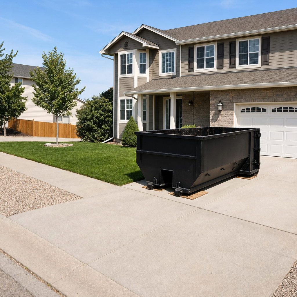 10-yard matte-black residential dumpster placed directly on a narrow Fishers concrete driveway, room remains for a parked sedan beside it, mid-morning natural light