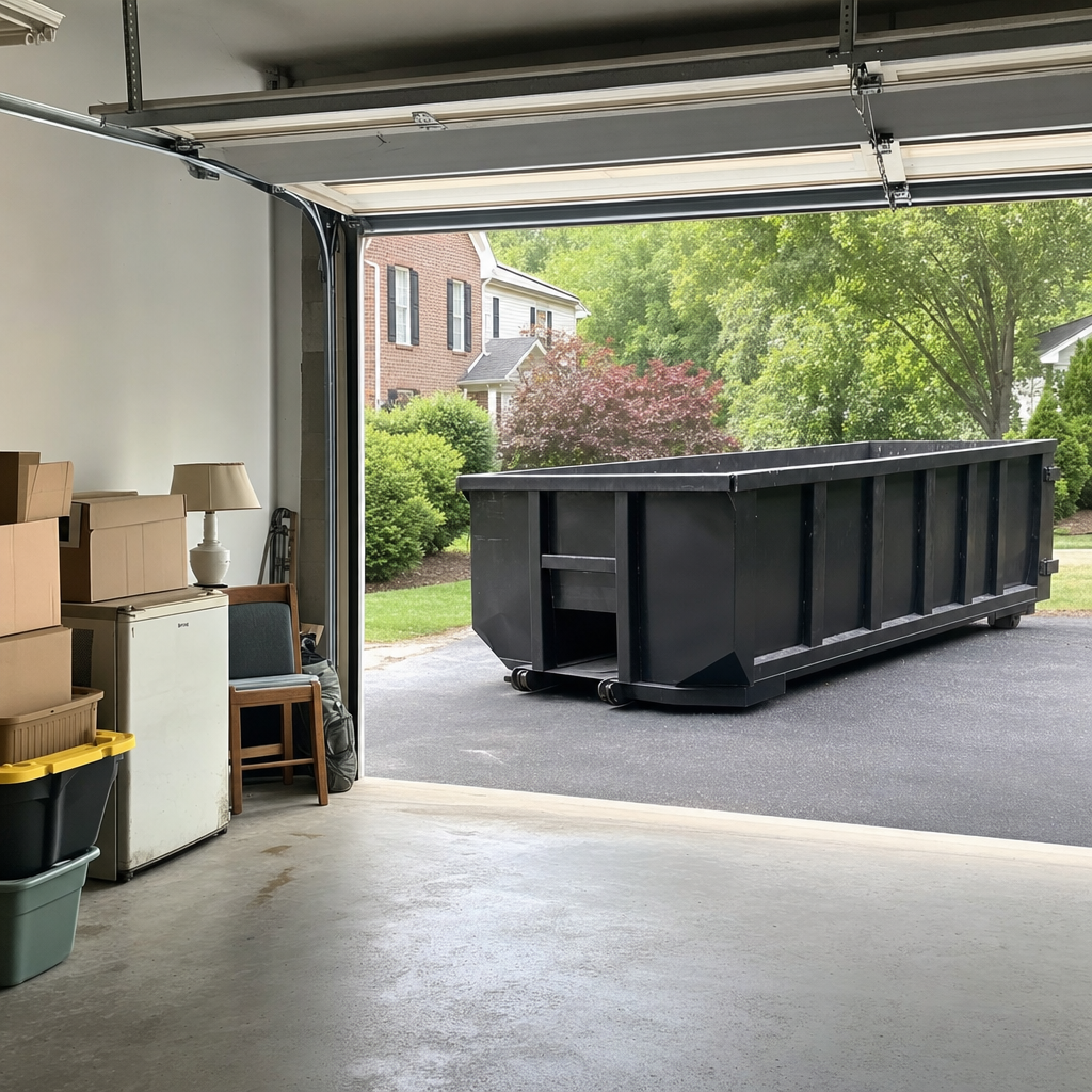 Open garage interior in a Fishers home mid-cleanout — boxed items, an old appliance, and stacked yard tools queued near the driveway for a matte-black roll-off dumpster, organized and calm