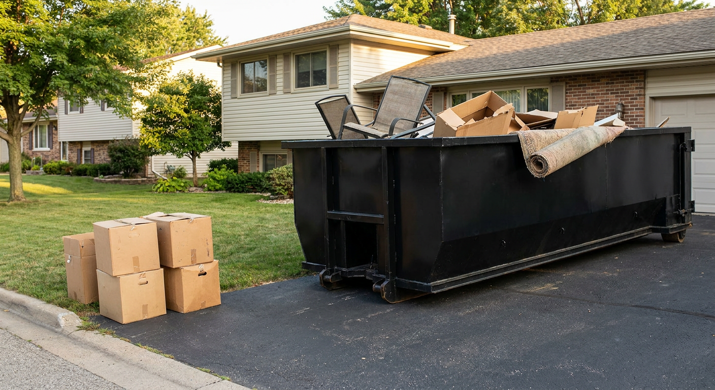 Front-yard view of a Fishers split-level home with a 20-yard matte-black roll-off dumpster sitting directly on the asphalt driveway, a few clearly labeled donation boxes staged at the curb, calm sunny afternoon.