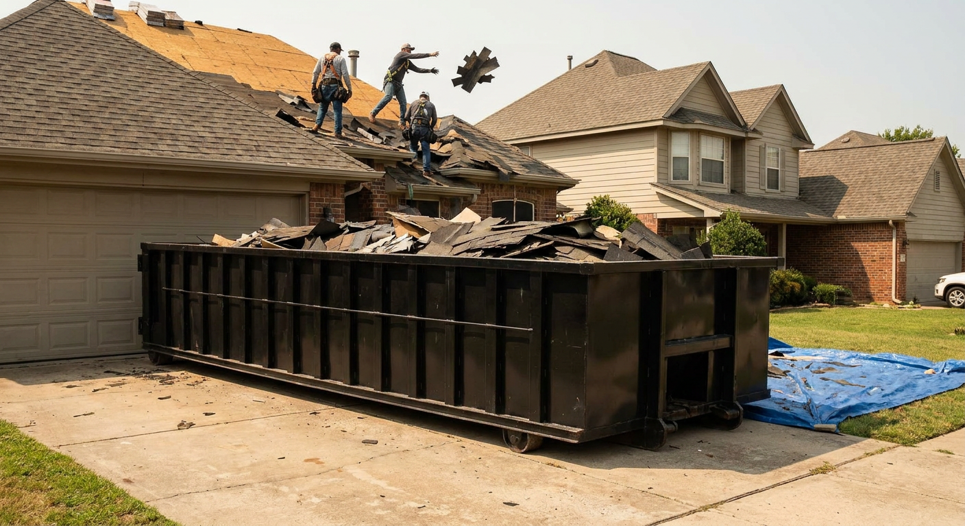 Matte-black roofing roll-off dumpster placed directly on a Fishers residential concrete driveway, a tear-off crew on a two-story asphalt-shingle roof tossing shingle bundles into the low-walled container, bright daylight, documentary 35mm perspective.