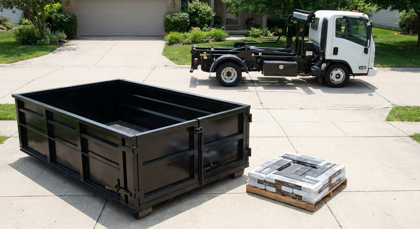 Matte-black 15-yard roofing roll-off dumpster with reinforced low side walls sitting directly on a Fishers residential concrete driveway, three-tab asphalt shingle bundles stacked nearby, an unmarked white hauler truck partially visible at the edge of the frame.