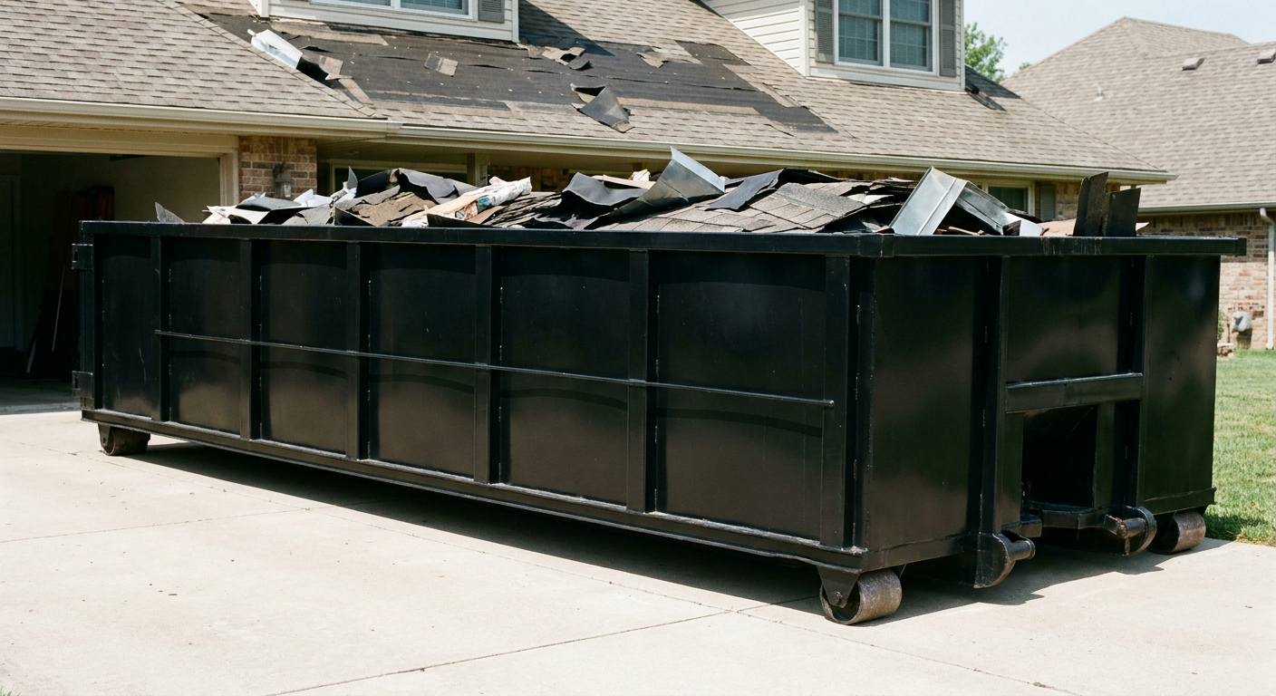 Matte-black 20-yard roofing roll-off dumpster with steel ribbed sides and swinging rear door, sitting directly on the concrete driveway of a two-story Fishers home, asphalt shingle debris being loaded over the low wall, clean documentary lighting.