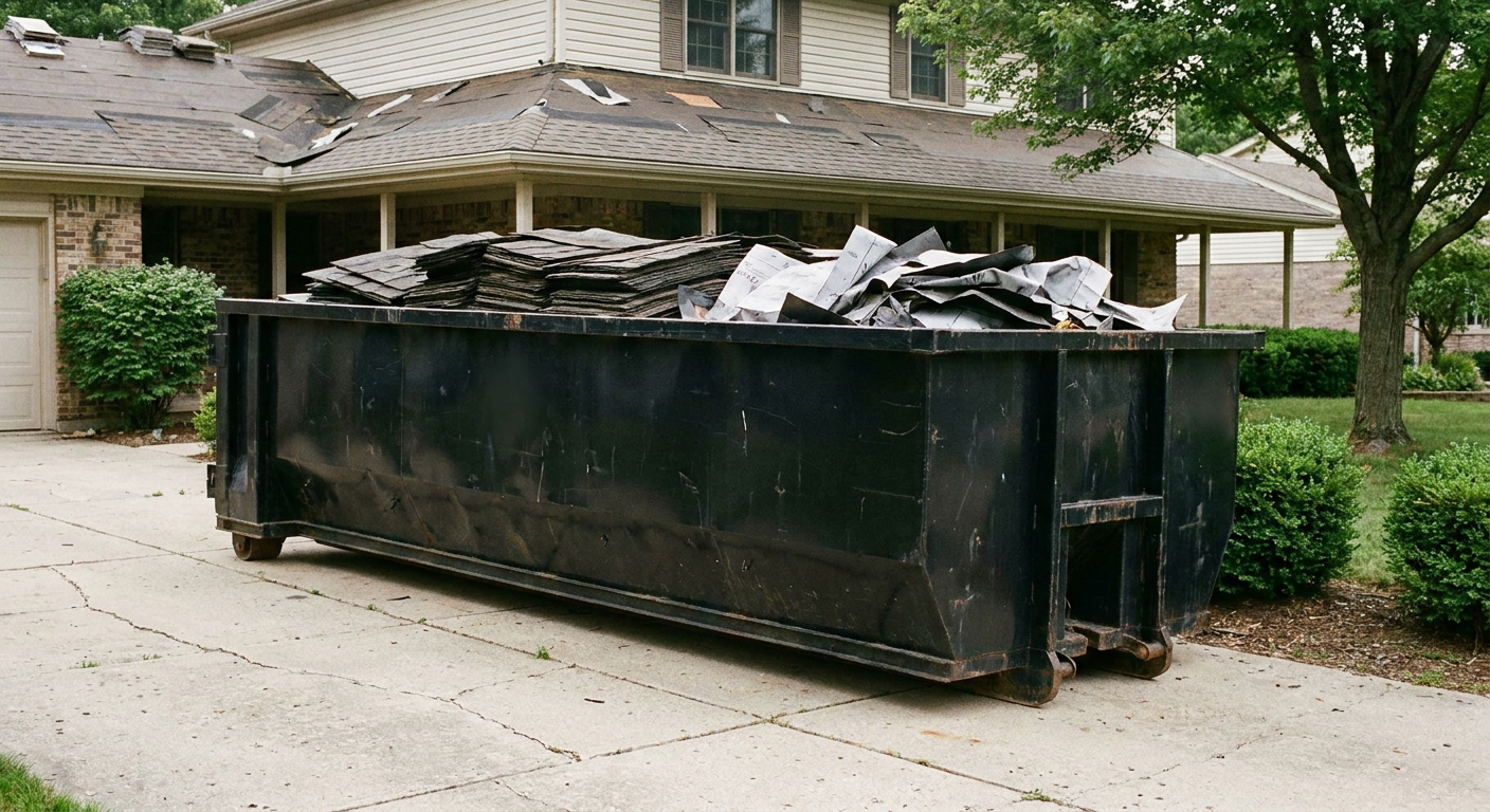 Matte-black 30-yard roofing roll-off dumpster sitting directly on a Fishers concrete driveway, taller ribbed steel side panels, mixed tear-off debris of asphalt shingles and underlayment inside, professional documentary daylight.