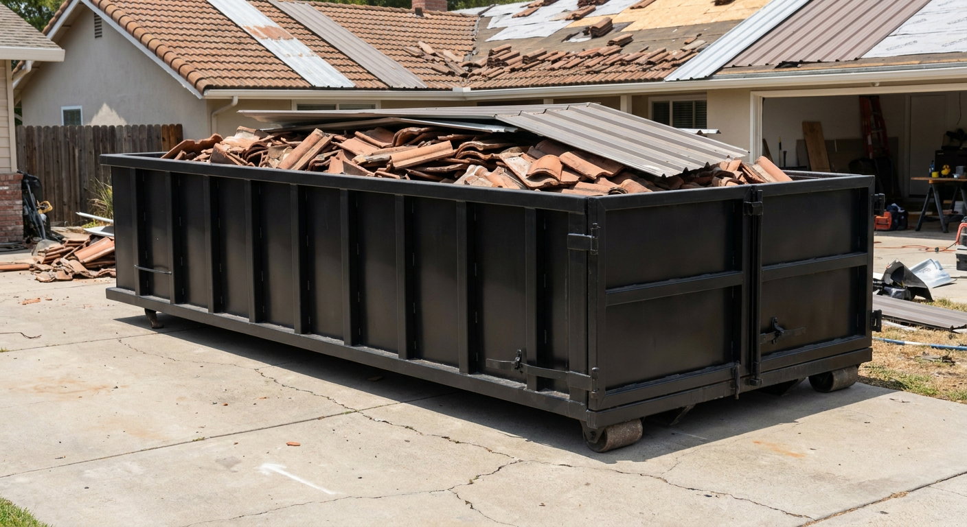 Matte-black low-wall heavy-debris roofing roll-off dumpster sitting directly on a Fishers concrete driveway, broken concrete clay roof tiles and metal panel sections loaded inside, reinforced ribbed steel side walls visible, bright outdoor daylight.