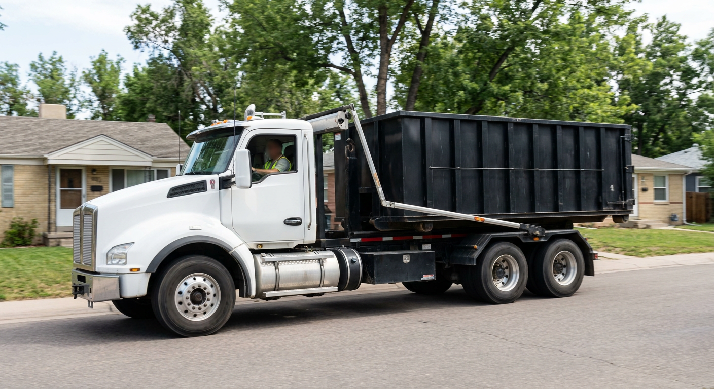 A wide documentary shot of a matte-black roll-off delivery truck pulling onto a quiet Fishers residential street at mid-morning, with neighborhood rooftops and tree-lined blocks visible behind, showing the metro coverage footprint.