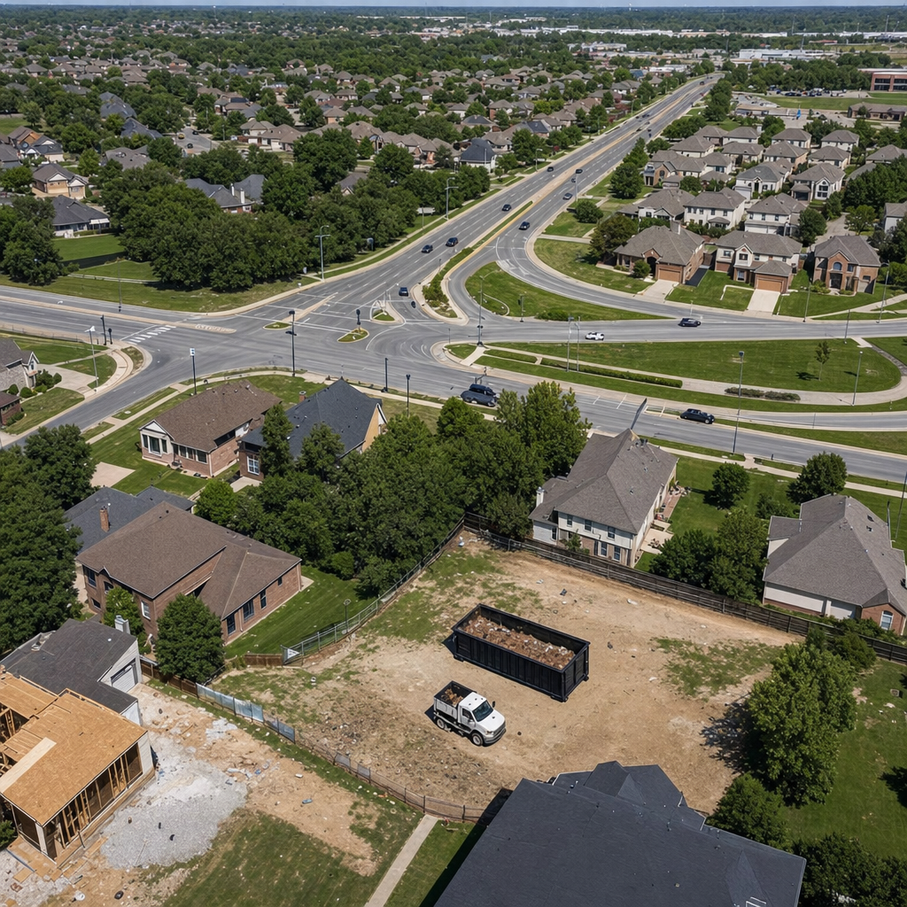 An overhead documentary view of the Fishers metro area at midday, showing the spread of neighborhoods, arterial roads, and the dispatch radius from a central yard — clean daylight, organized geographic layout.