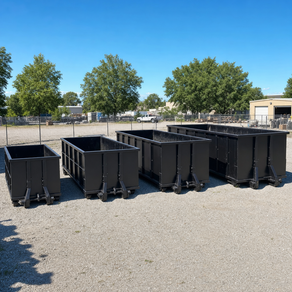A clean lineup of matte-black roll-off dumpsters in 10, 20, 30, and 40-yard sizes staged on a sunlit gravel yard in Fishers, showing the size progression from compact to commercial-scale containers.
