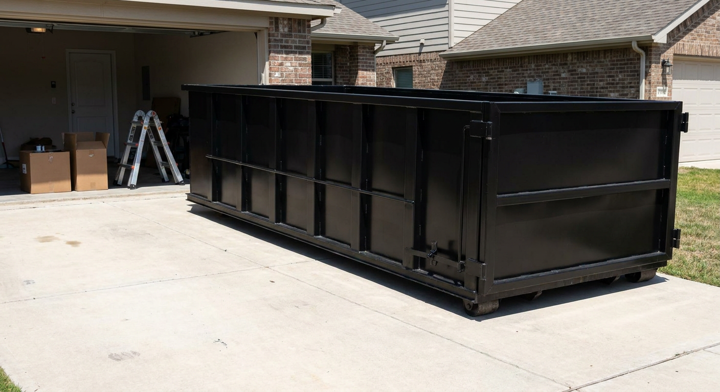 A matte-black 10-yard roll-off dumpster sitting directly on a residential Fishers concrete driveway, mid-day sunlight, clean and ready for a garage cleanout.