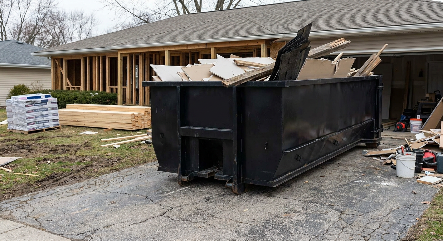 A matte-black 20-yard roll-off dumpster placed alongside a mid-renovation Fishers home directly on the asphalt driveway, with framing materials and torn-off shingles staged neatly nearby.