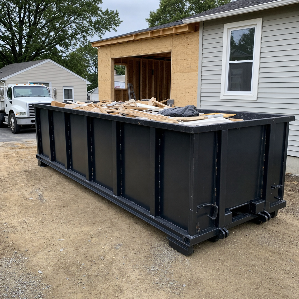 A matte-black 30-yard roll-off dumpster positioned at a Fishers residential addition jobsite, with framing lumber and drywall scraps loaded through the open swinging rear doors.