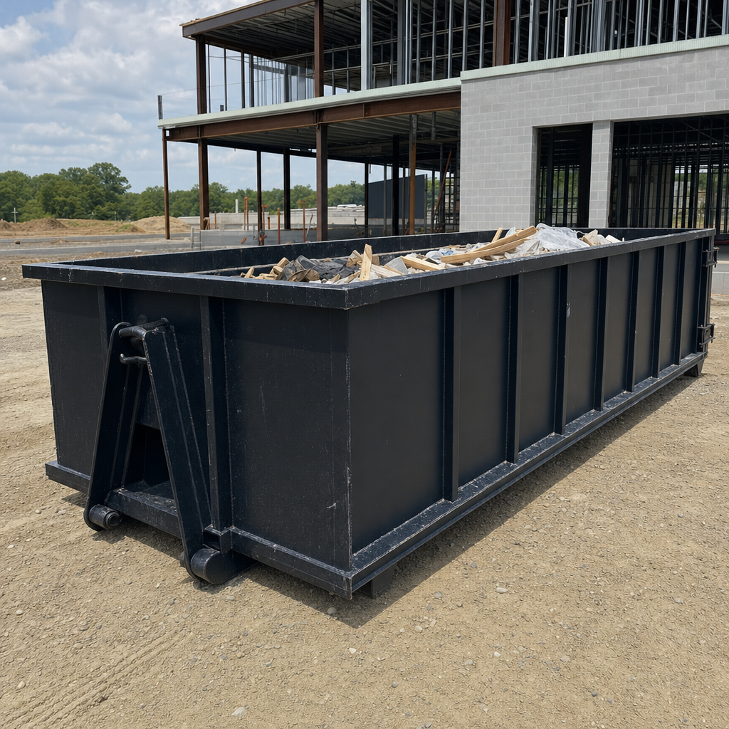 A matte-black 40-yard roll-off dumpster staged on a large Fishers commercial construction lot, with a hooklift delivery truck parked alongside under bright midday sky.