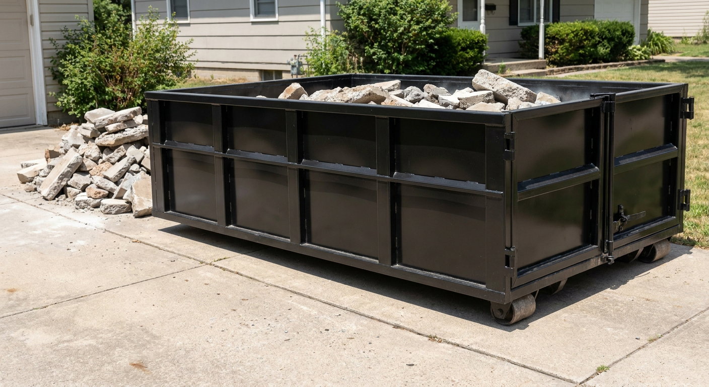 A matte-black low-side heavy-debris roll-off dumpster placed directly on a Fishers concrete driveway, with broken concrete chunks neatly stacked beside it under clean daylight.